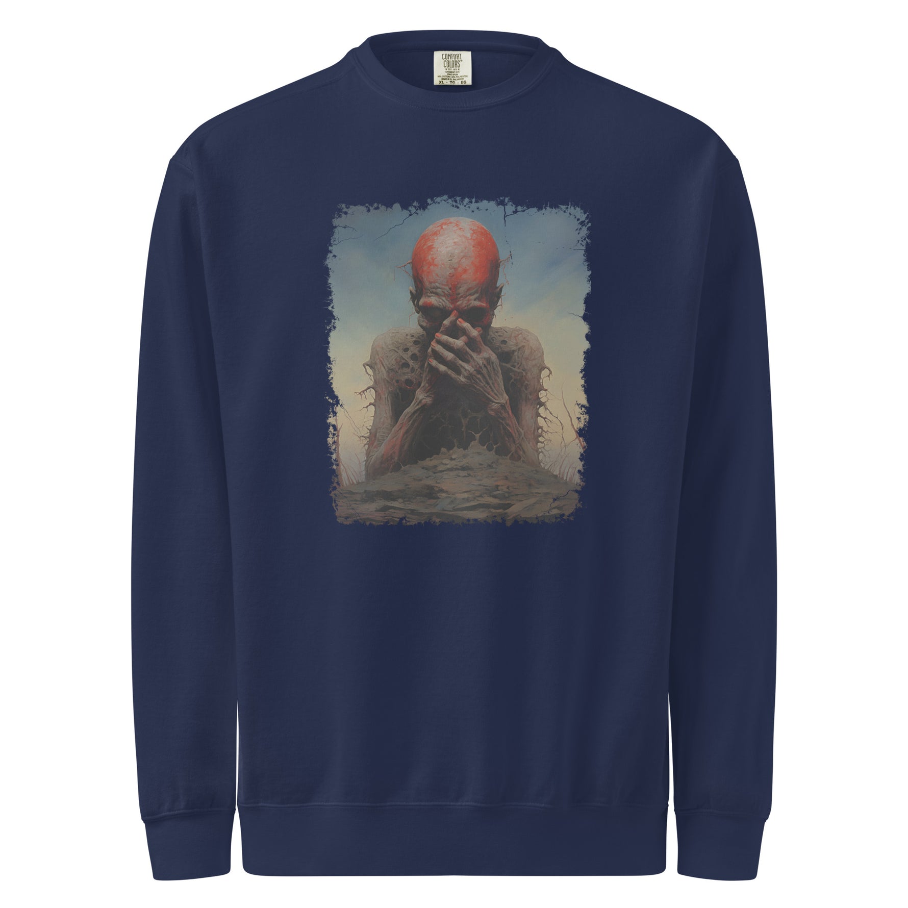 Navy blue sweatshirt with a graphic of a person with red hair and a beard on a white background