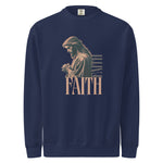 Navy blue sweatshirt with a graphic of a person praying and the word 'FAITH' on a white background