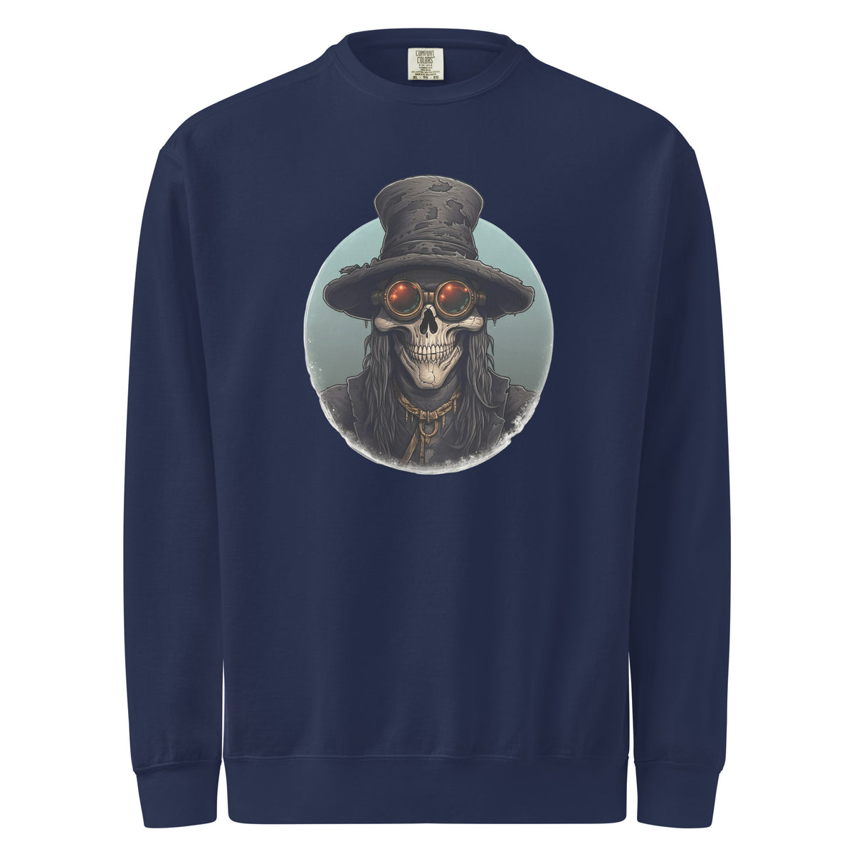 Navy blue mens sweatshirt with a skull wearing a top hat graphic on a white background