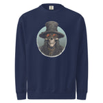 Navy blue mens sweatshirt with a skull wearing a top hat graphic on a white background