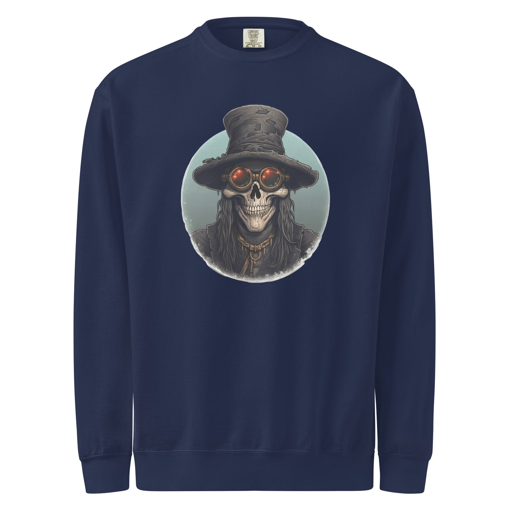 Navy blue mens sweatshirt with a skull wearing a top hat graphic on a white background
