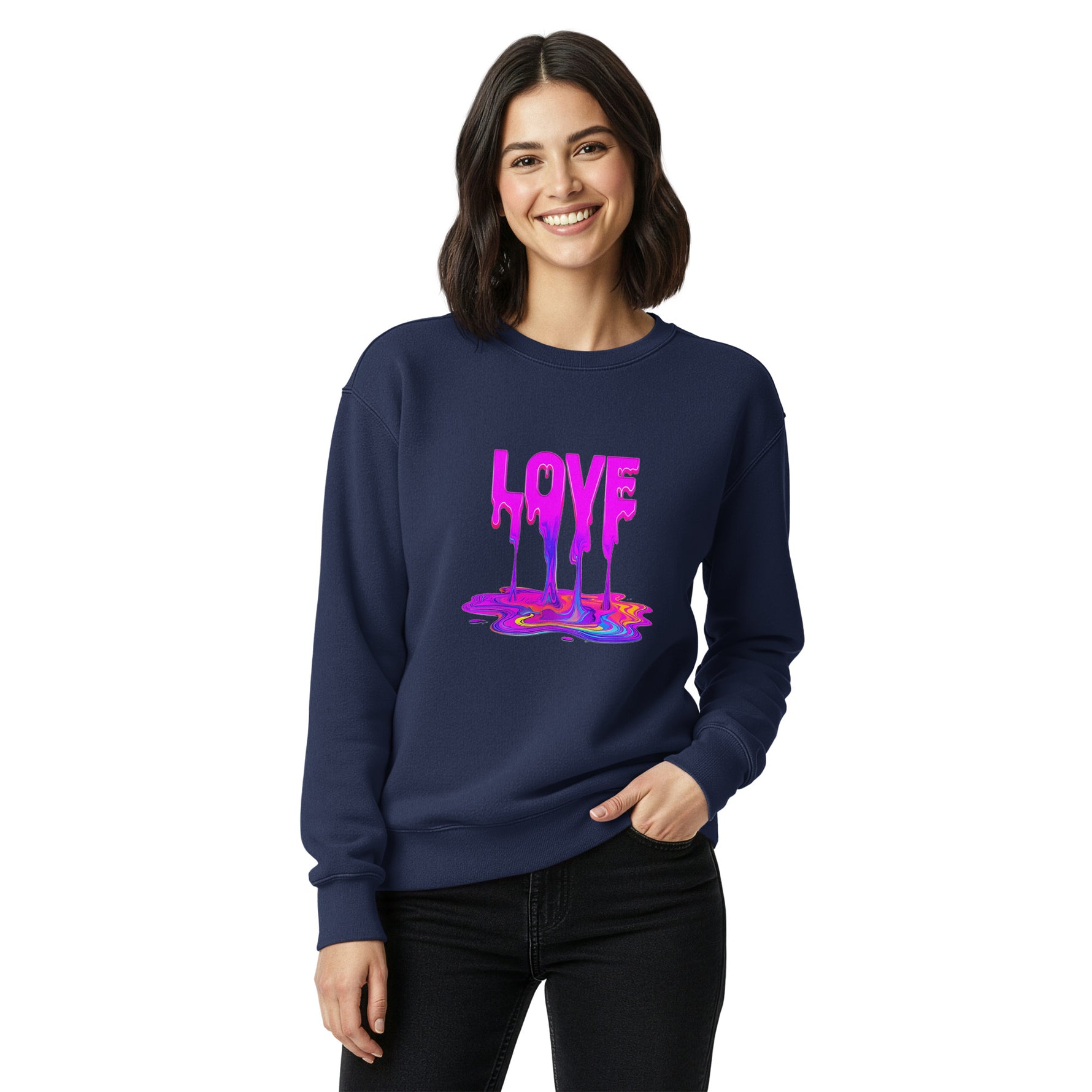 Woman wearing a navy blue sweatshirt with colorful 'LOVE' design on a white background