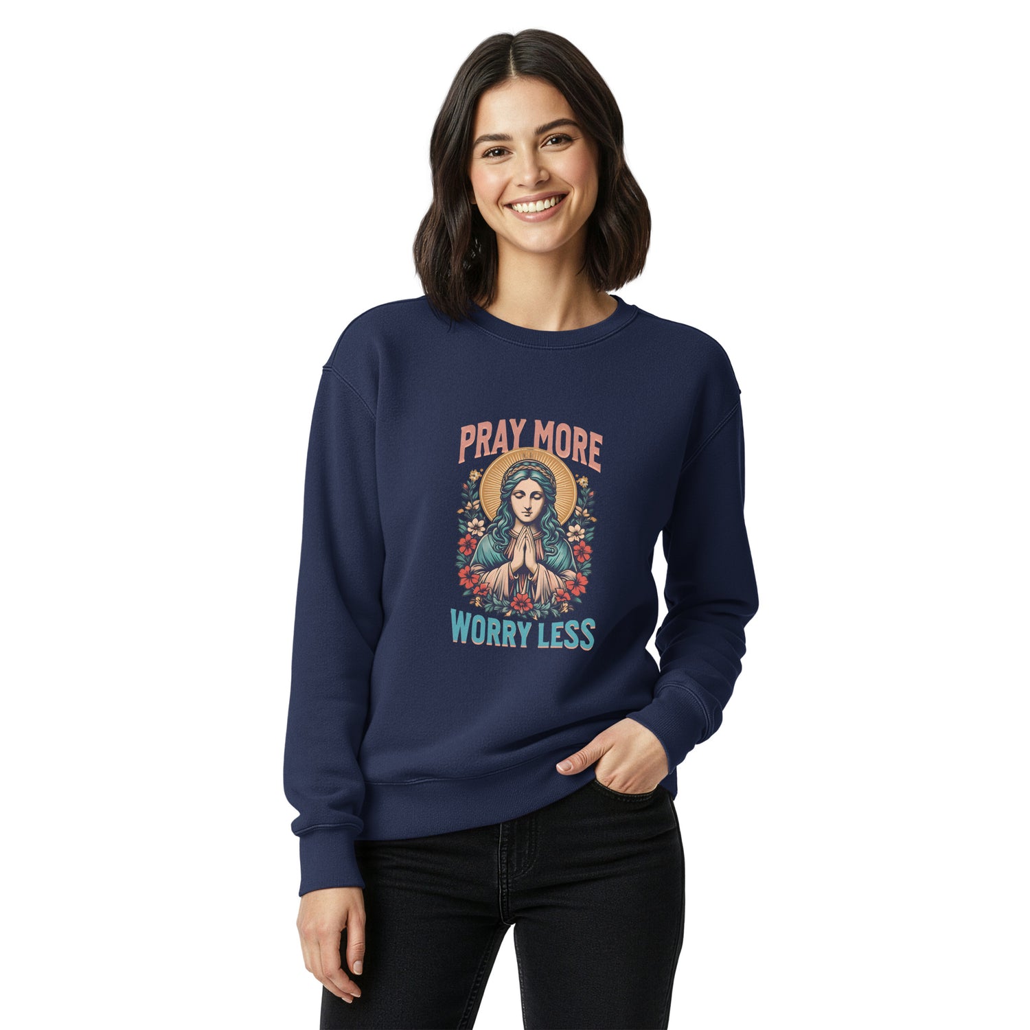 Woman wearing a navy blue sweatshirt with a graphic design and text on a white background