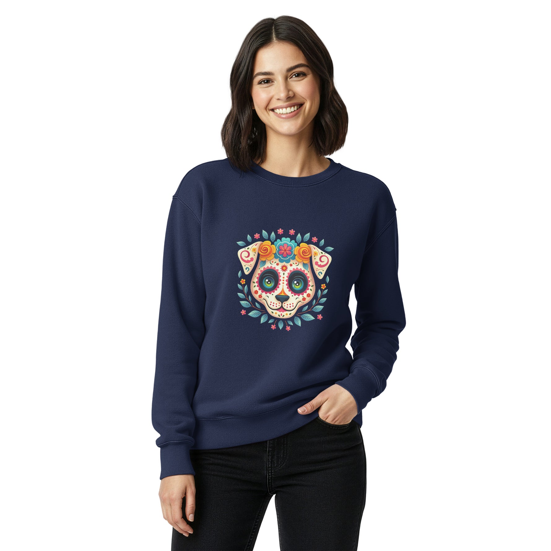 Woman wearing a navy blue sweatshirt with a colorful dog face design on a white background