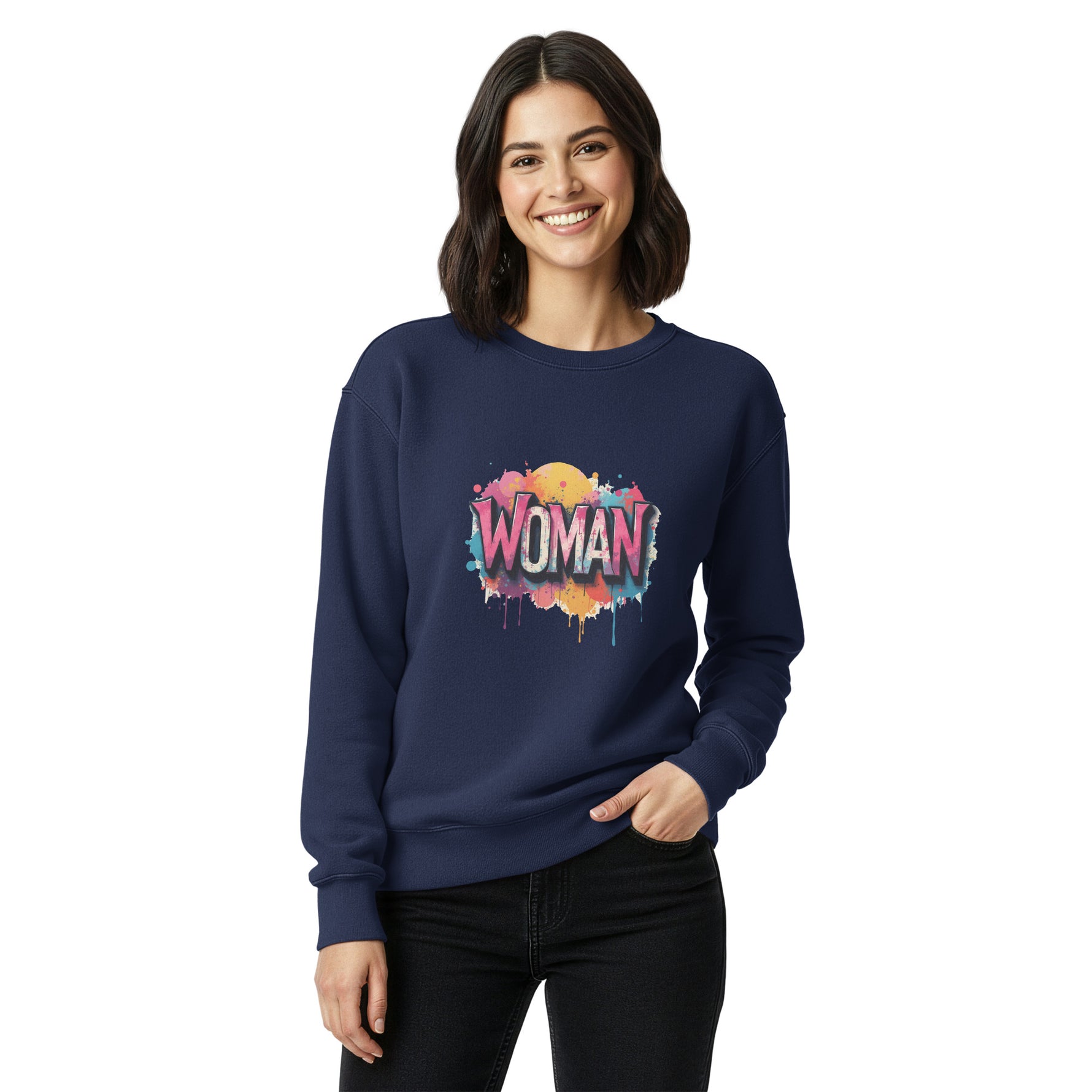 Woman wearing a navy blue sweatshirt with 'WOMAN' in colorful letters on a white background