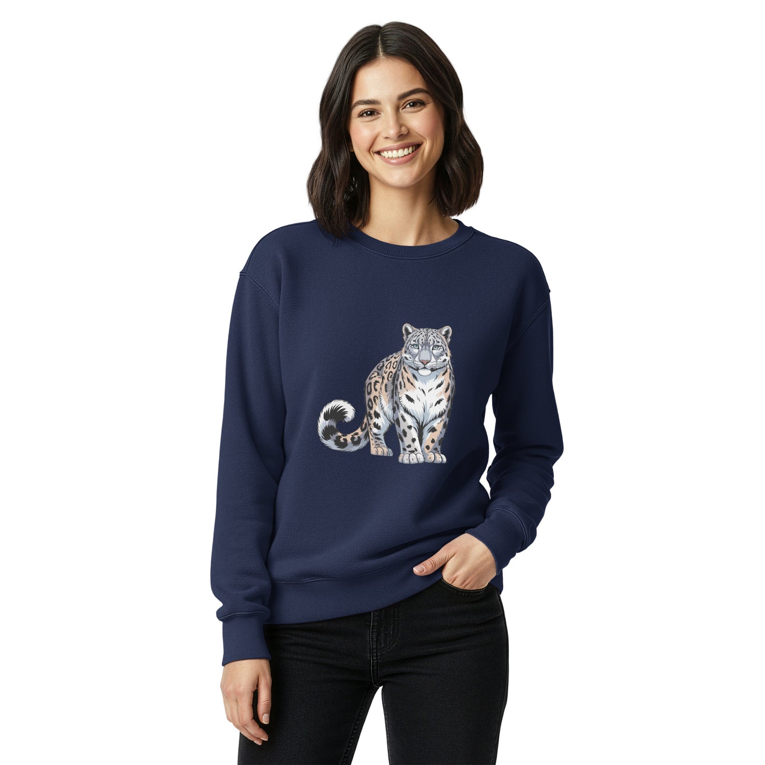 Woman wearing a navy blue sweatshirt with a snow leopard design on a white background