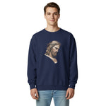 Man wearing a navy blue sweatshirt with a graphic of a religious figure on a white background