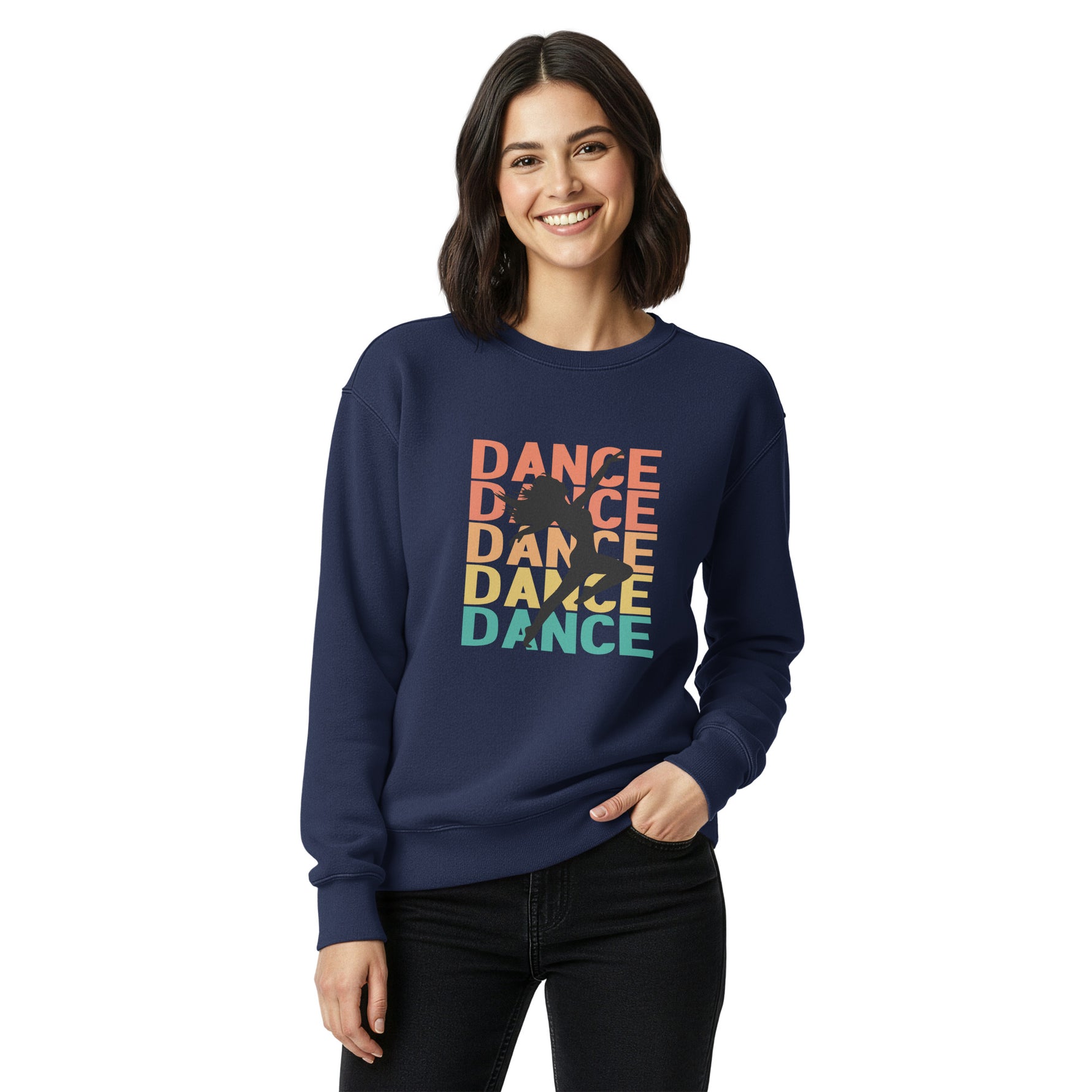Woman wearing a navy blue sweatshirt with 'DANCE' printed in colorful letters on a white background