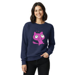 Woman wearing a navy blue sweatshirt with a pink cartoon character on a white background