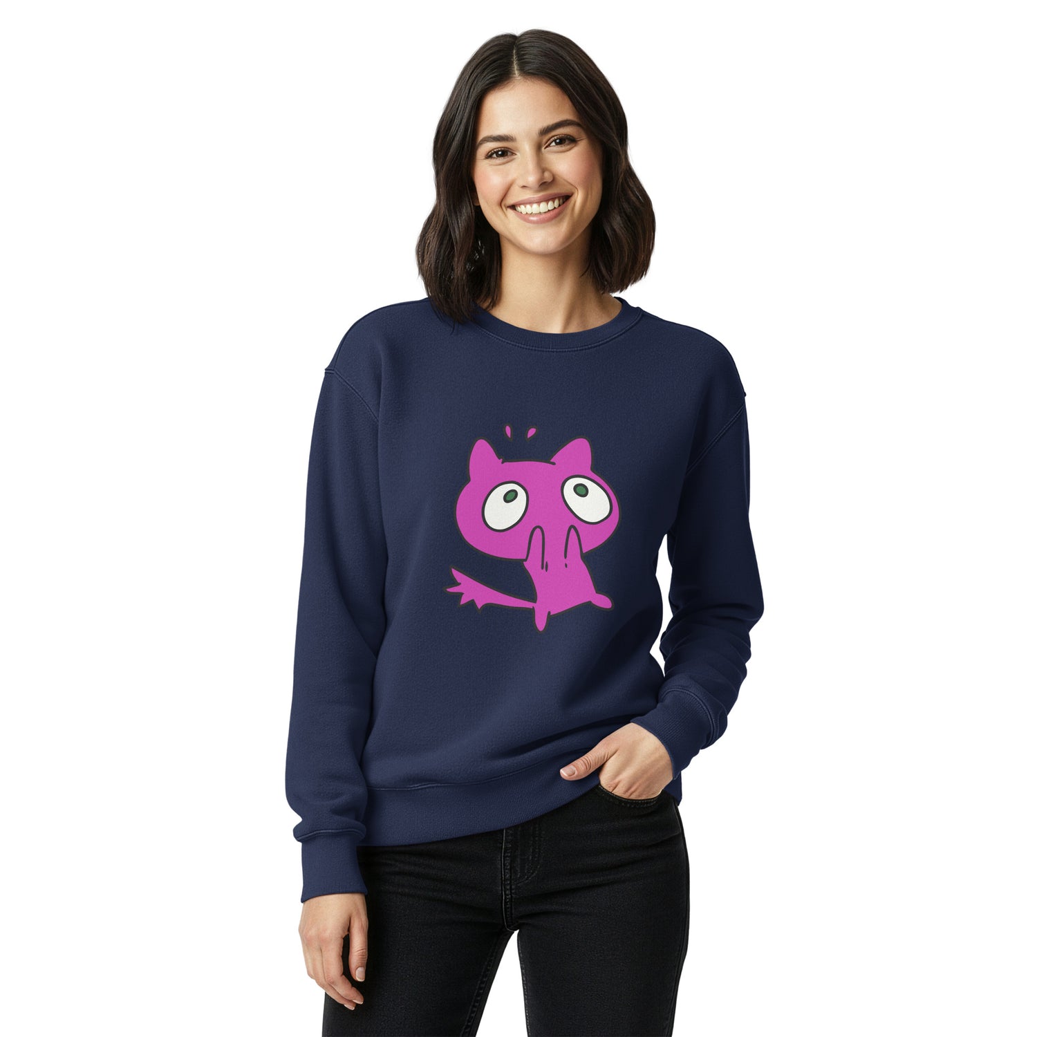 Woman wearing a navy blue sweatshirt with a pink cartoon character on a white background