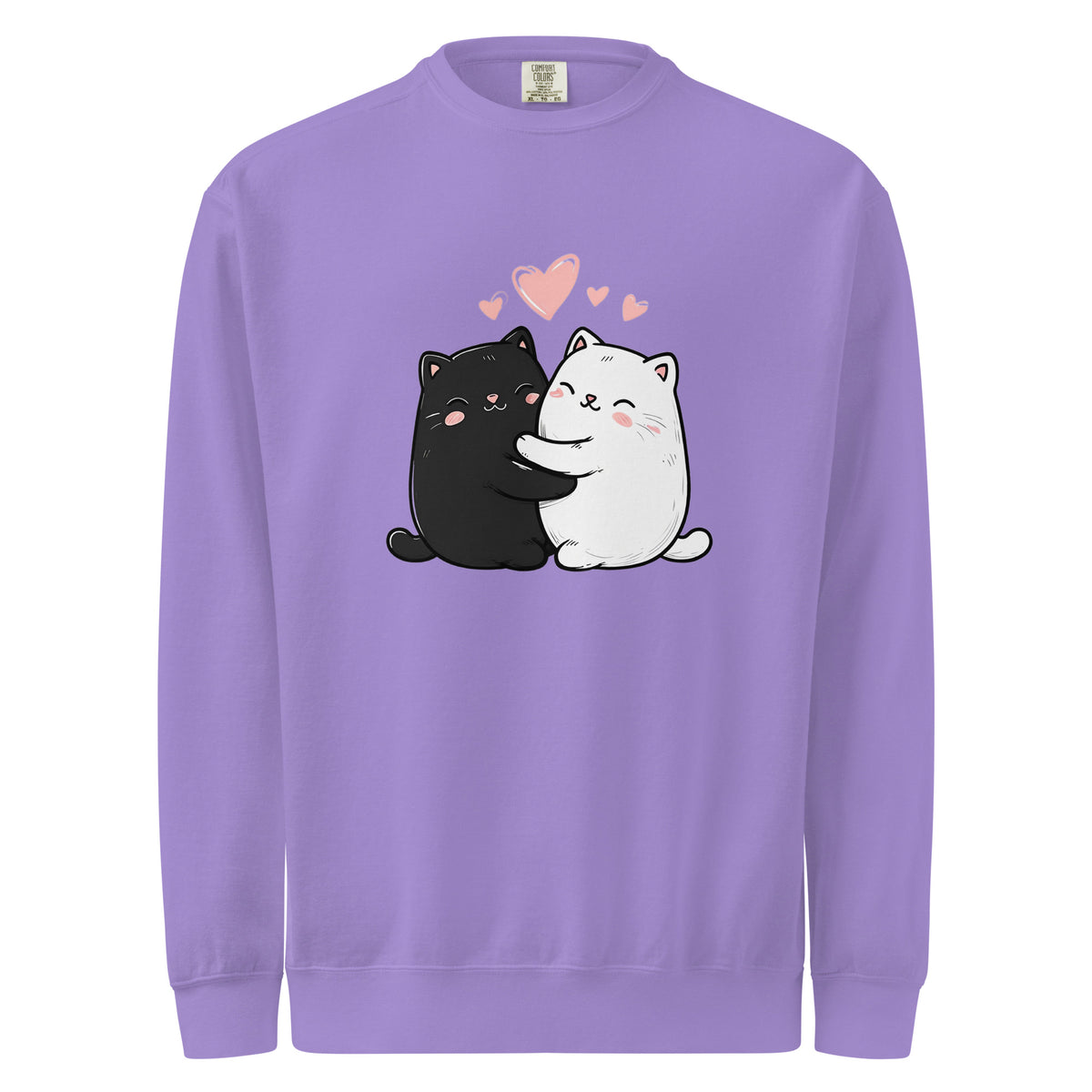 Women's purple sweatshirt with black and white cat design and pink hearts on a white background