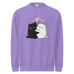 Women's purple sweatshirt with black and white cat design and pink hearts on a white background