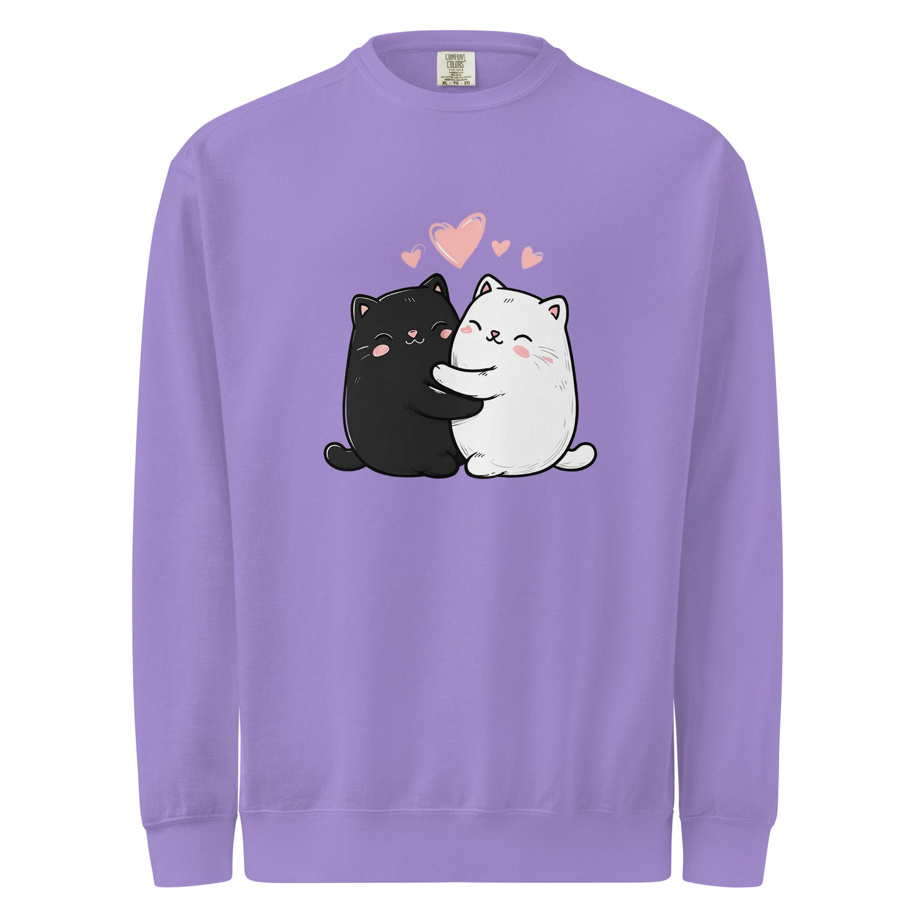 Women's purple sweatshirt with black and white cat design and pink hearts on a white background