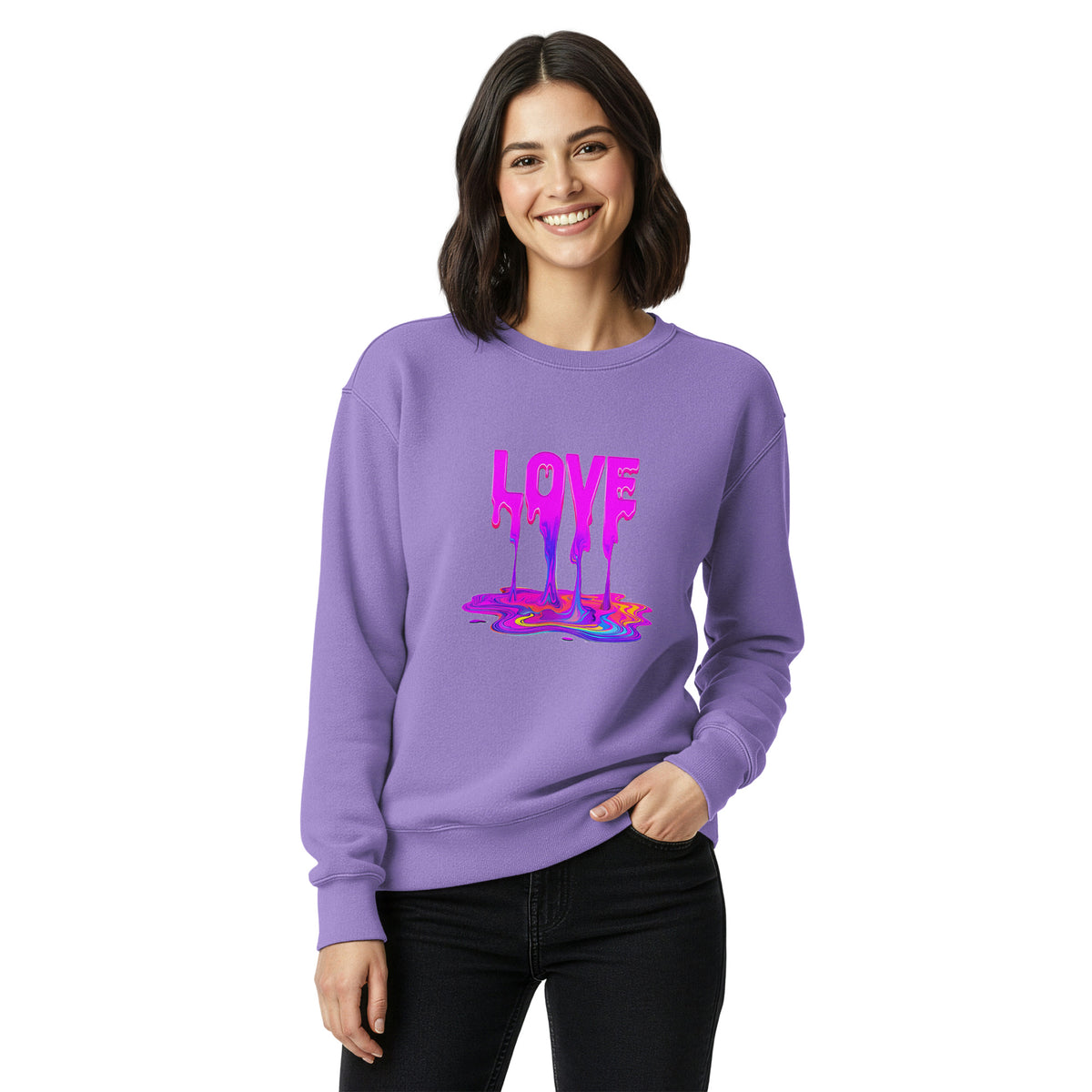 Woman wearing a purple sweatshirt with colorful design and text on a white background
