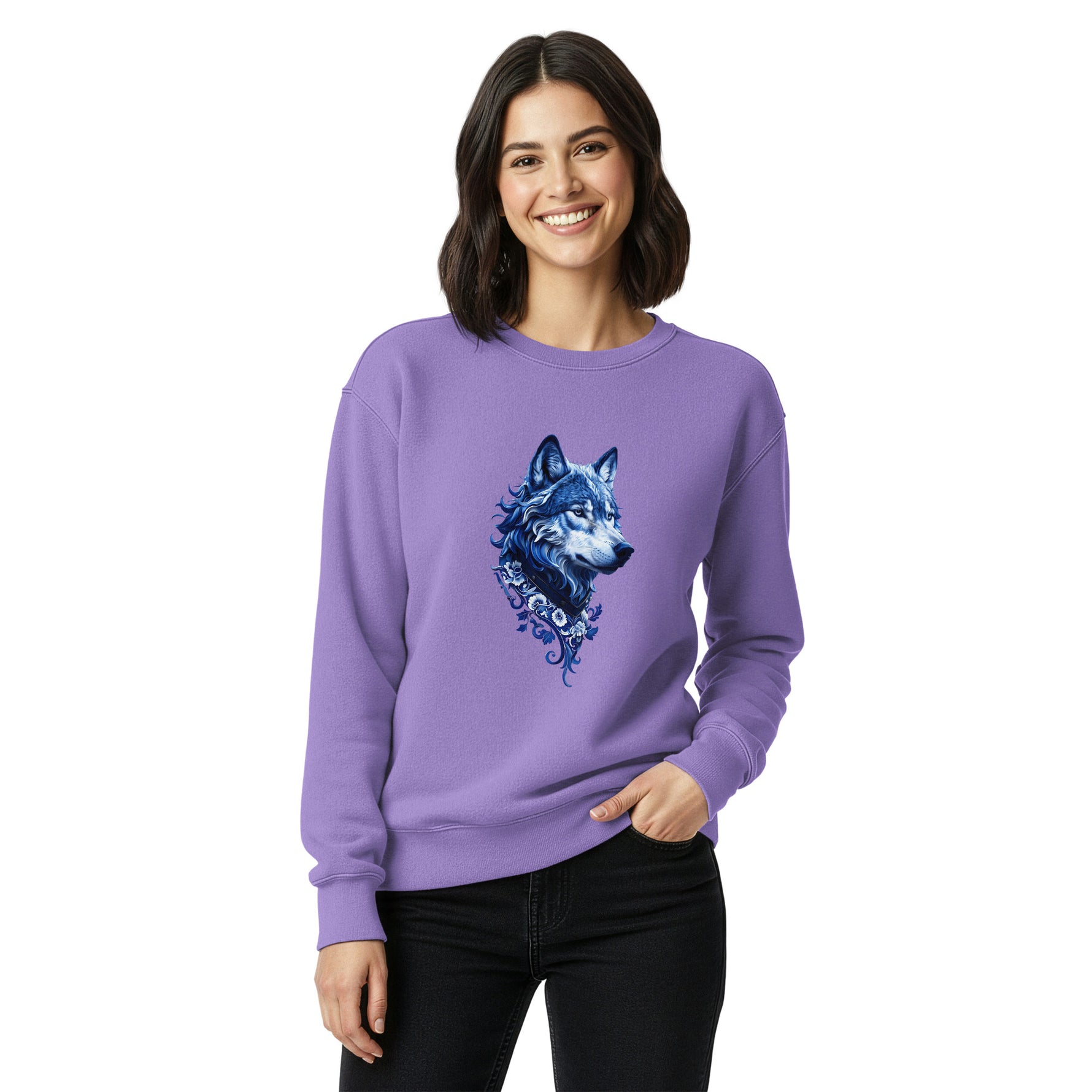 Woman wearing Comfort Colors purple sweatshirt with a wolf design on a white background