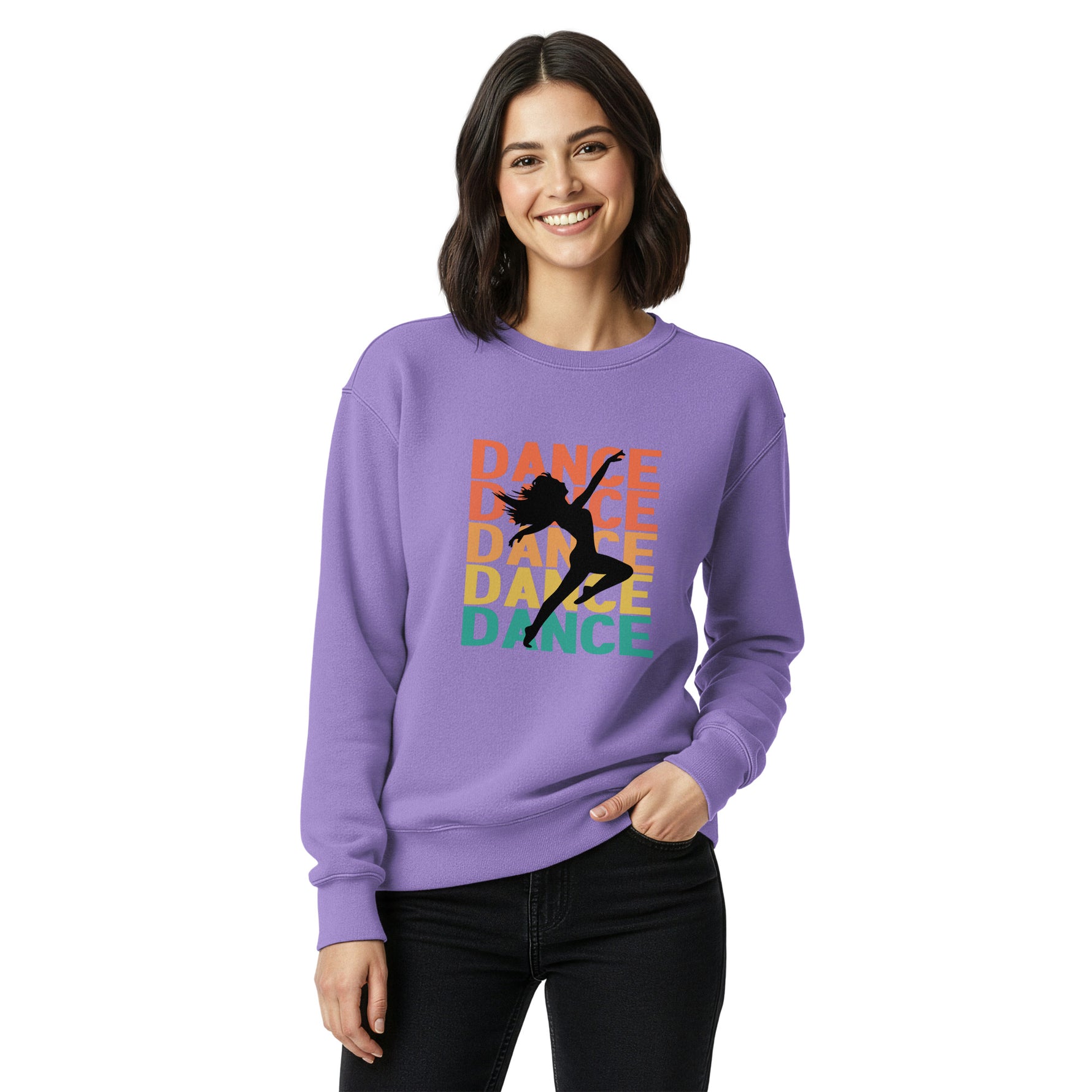 Woman wearing a purple sweatshirt with 'DANCE' text and dancer graphic on a white background
