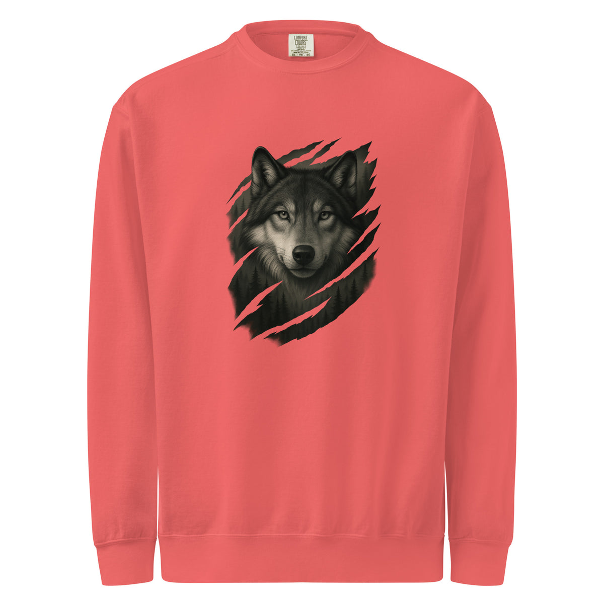 Coral mens sweatshirt with a black wolf graphic on a white background