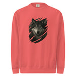 Coral mens sweatshirt with a black wolf graphic on a white background