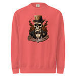 Red mens sweatshirt with a skull wearing a top hat and suit and text 'A true gentleman' on a white background