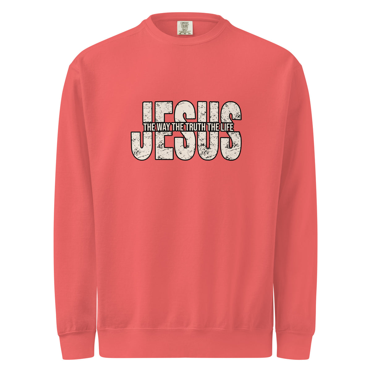 Comfort Colors Red sweatshirt with 'Jesus The Way The Truth The Life' text on a white background
