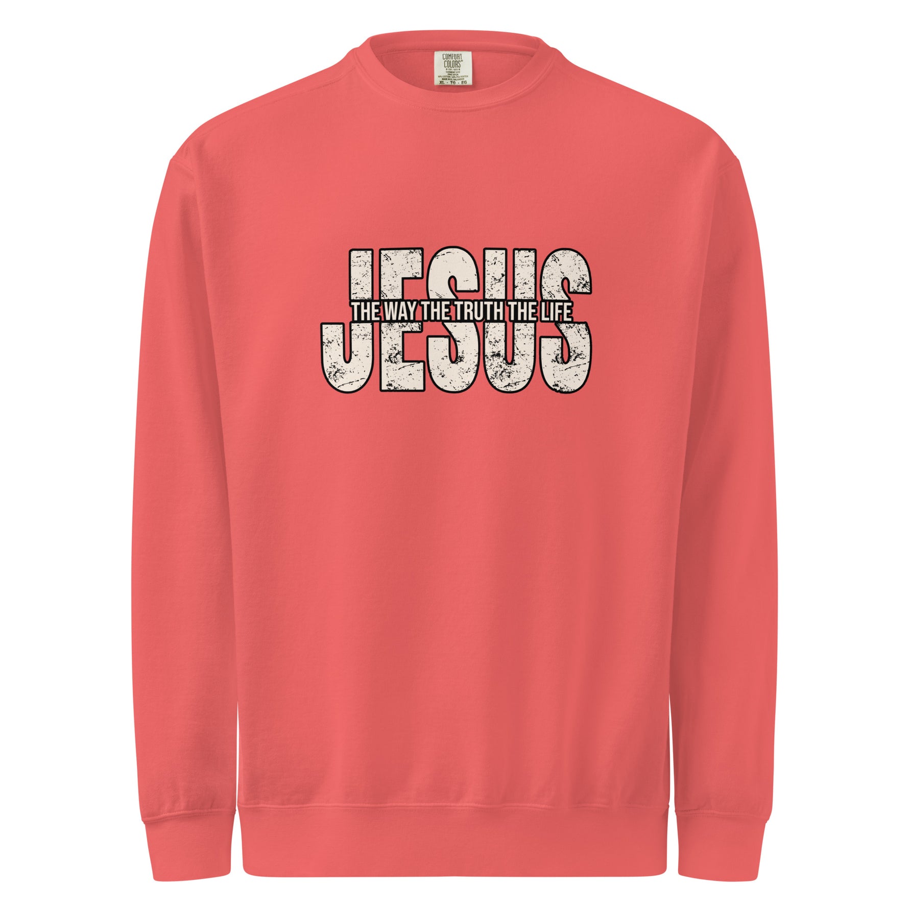 Comfort Colors Red sweatshirt with 'Jesus The Way The Truth The Life' text on a white background
