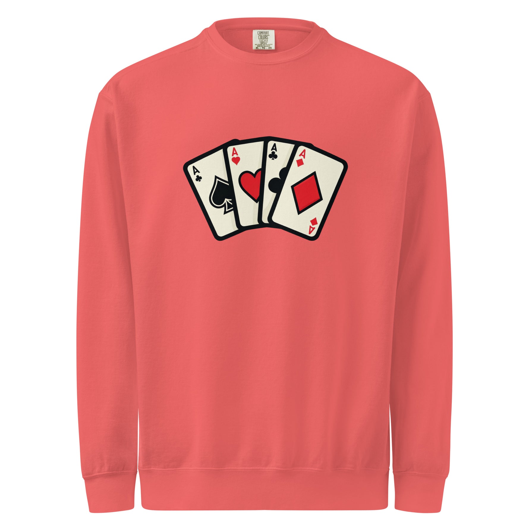 Comfort Colors 1566 Red sweatshirt with playing card design on a white background
