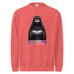 Comfort Colors Red sweatshirt with a graphic of a person in a black hood and colorful 'FAITH' text on a white background