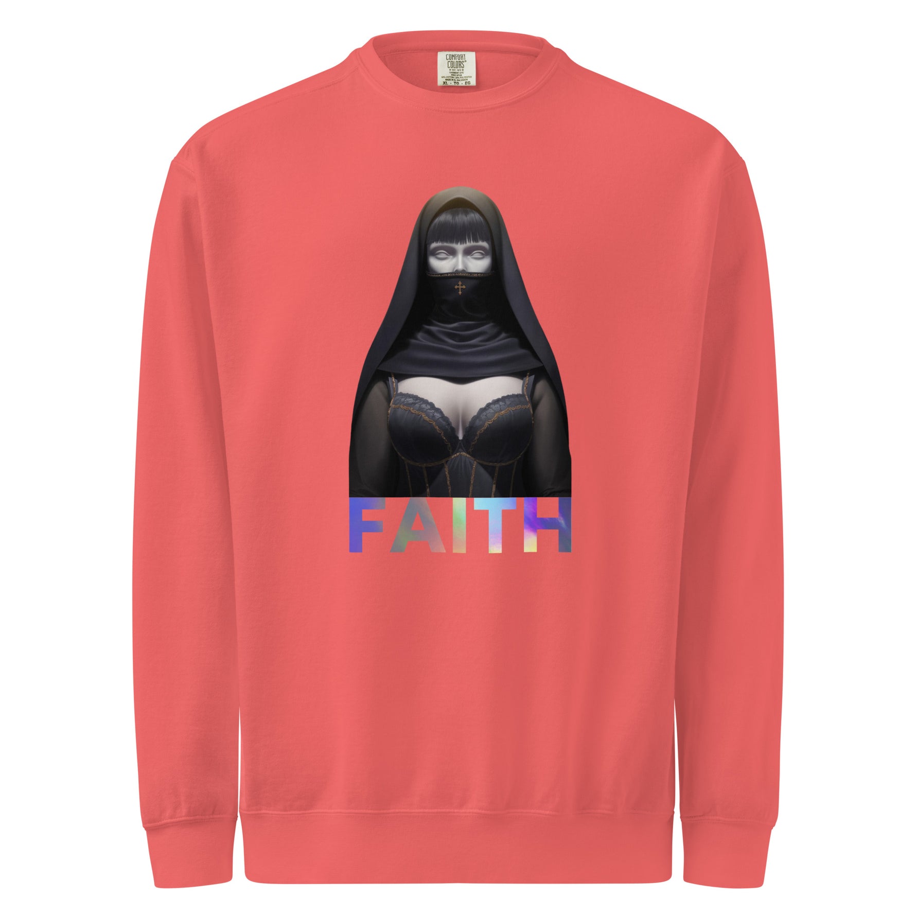 Comfort Colors Red sweatshirt with a graphic of a person in a black hood and colorful 'FAITH' text on a white background