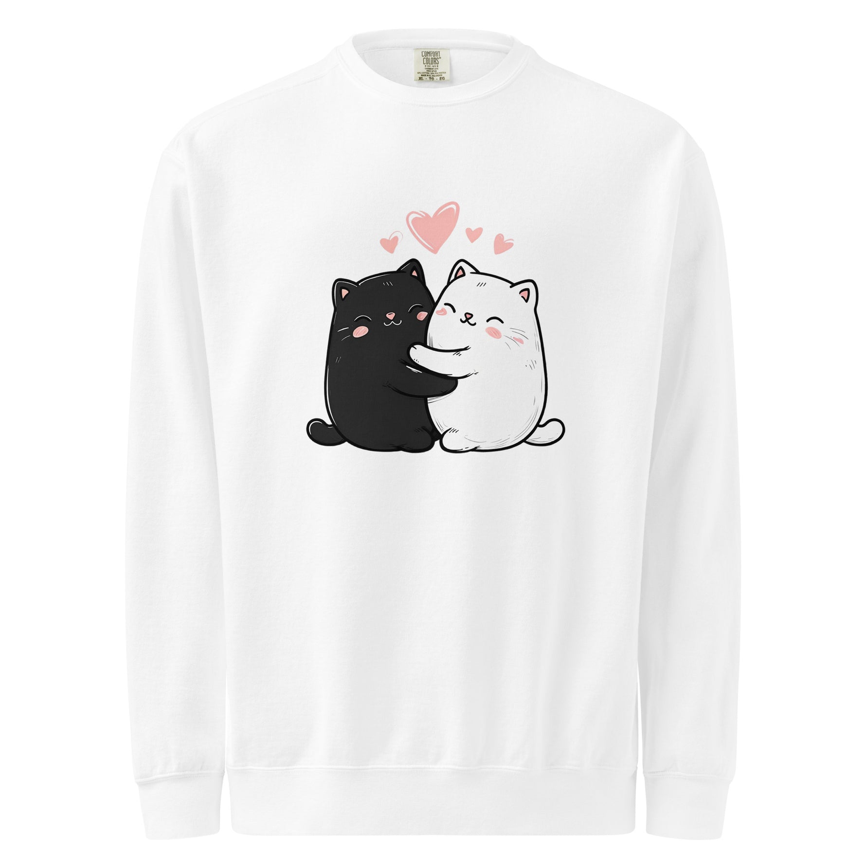 Womens white long-sleeve shirt with black and white cat design and pink hearts on a white background