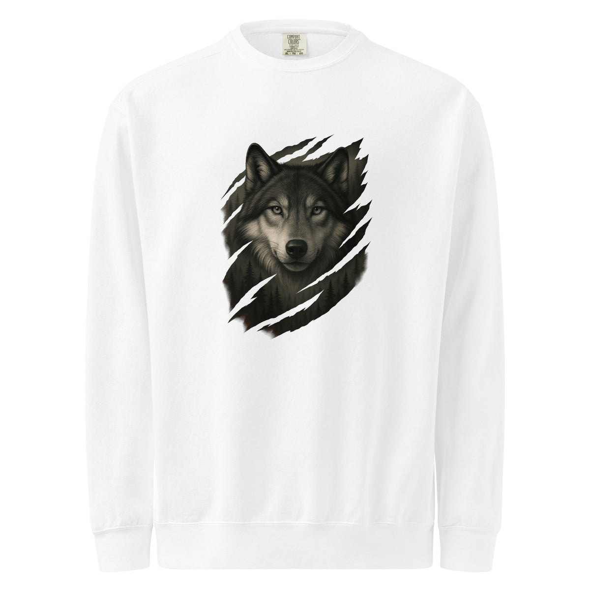 White long-sleeve shirt with a wolf graphic on a white background