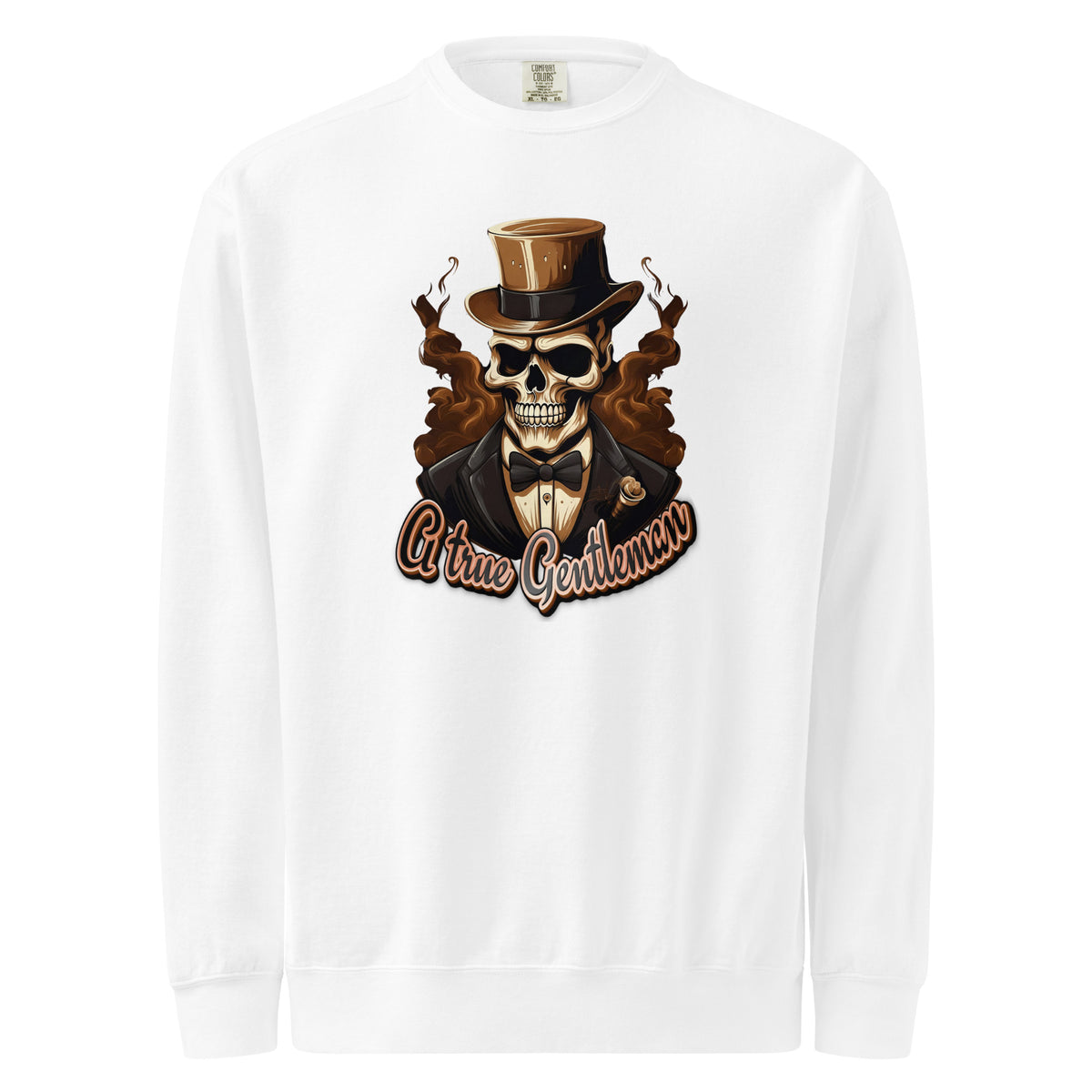 White mens long-sleeve shirt with a skull wearing a top hat and suit graphic and 'Gentleman' text.