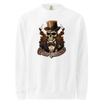 White mens long-sleeve shirt with a skull wearing a top hat and suit graphic and 'Gentleman' text.