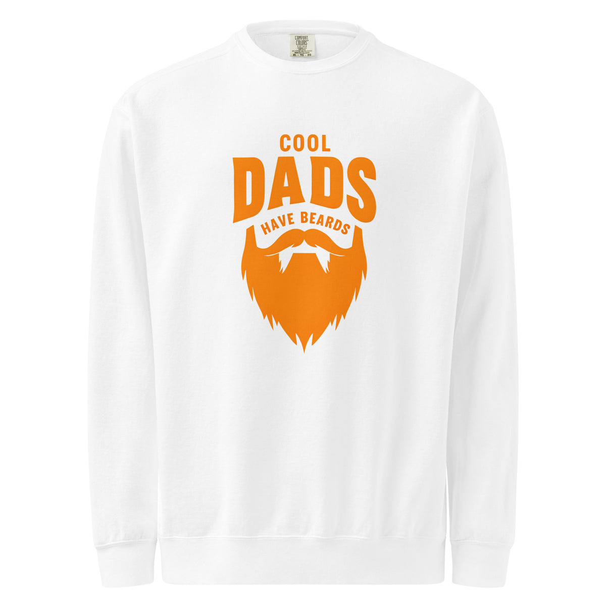 White long-sleeve shirt with orange beard graphic and text 'Cool Dads Have Beards' on a white background