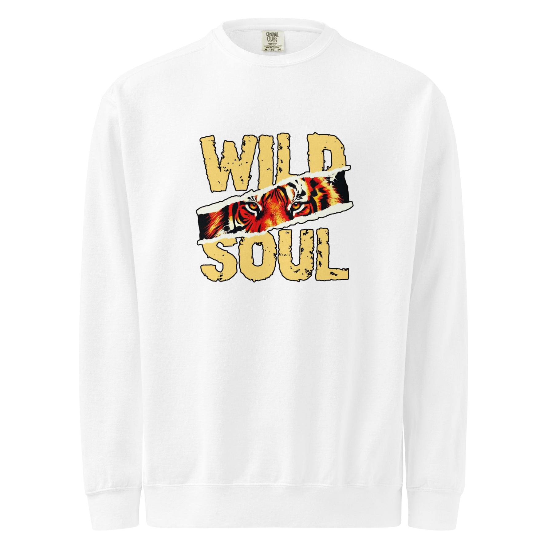White sweatshirt with 'Wild Soul' design featuring a tiger face on a white background