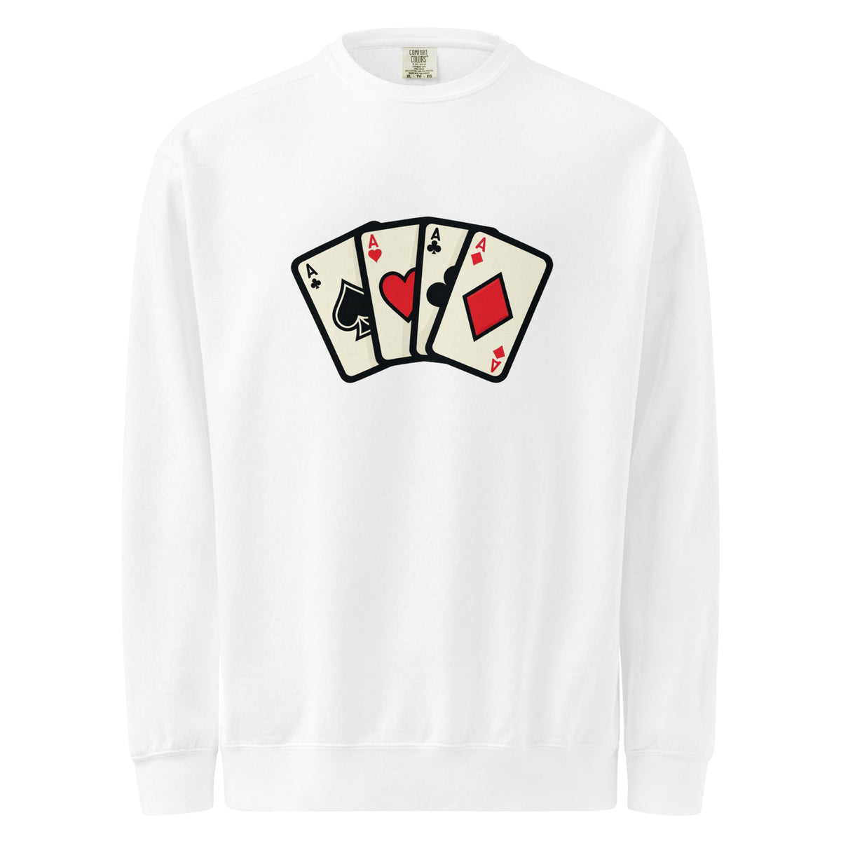 White long-sleeve shirt with playing card design on a white background