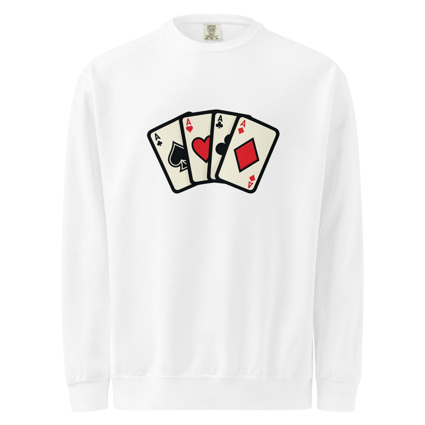 White long-sleeve shirt with playing card design on a white background