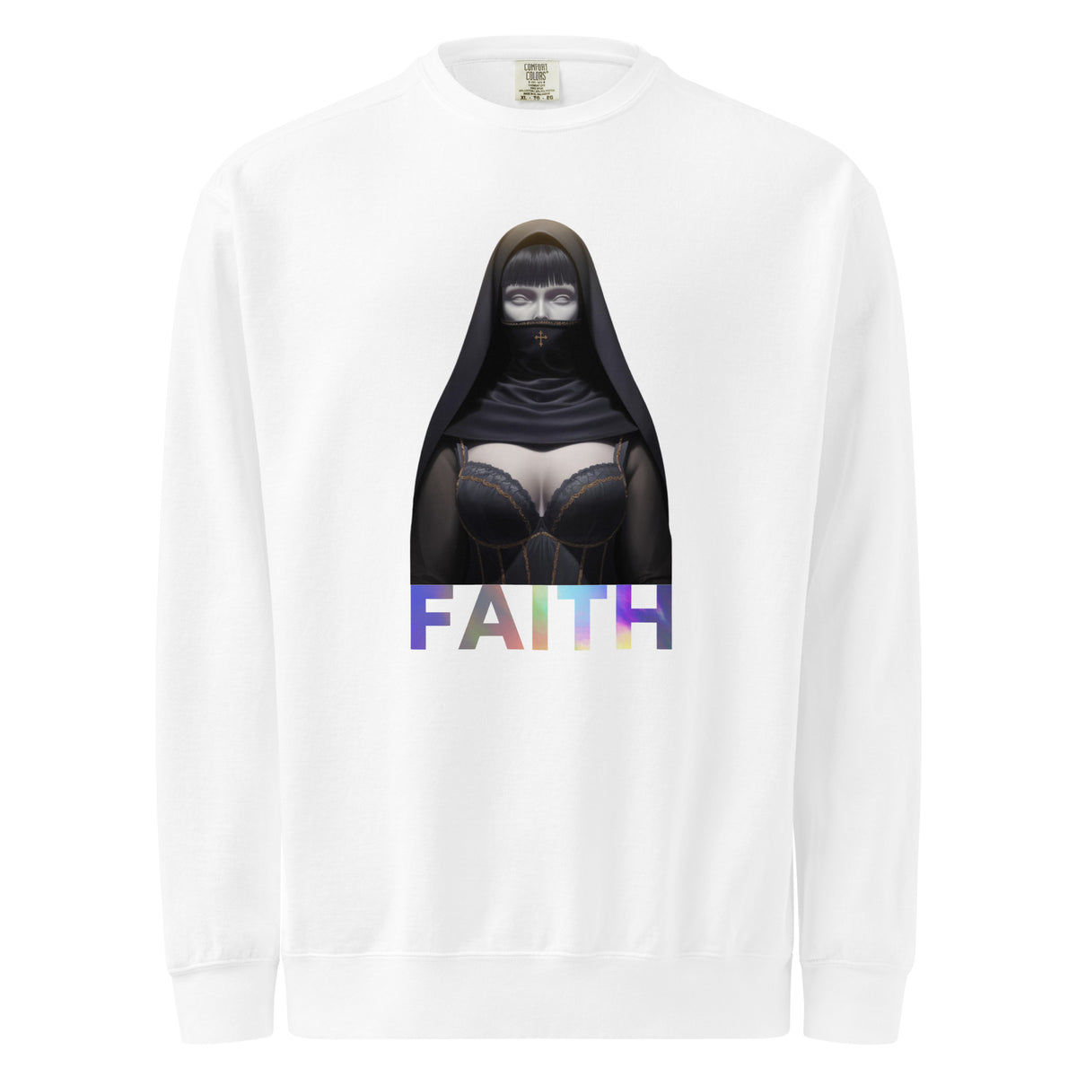 Comfort Colors White sweatshirt with a graphic of a person in a black hood and colorful 'FAITH' text on a white background