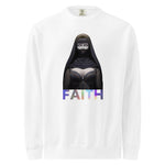 Comfort Colors White sweatshirt with a graphic of a person in a black hood and colorful 'FAITH' text on a white background