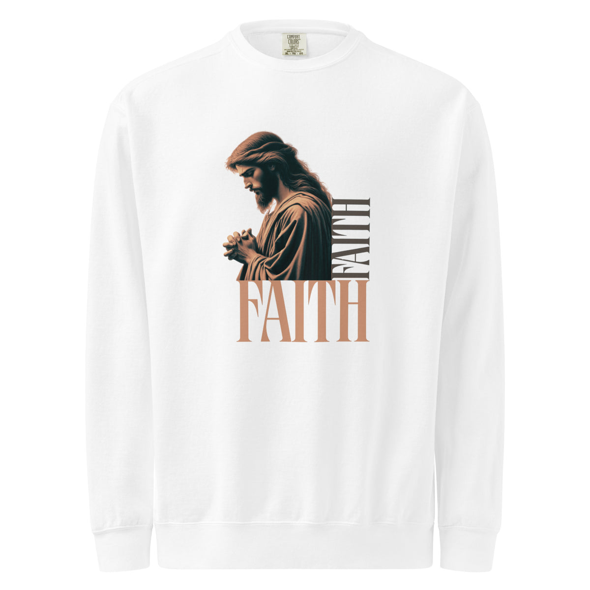 Comfort Colors white sweatshirt with a graphic of a praying person and the word 'FAITH' on a white background