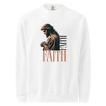 Comfort Colors white sweatshirt with a graphic of a praying person and the word 'FAITH' on a white background