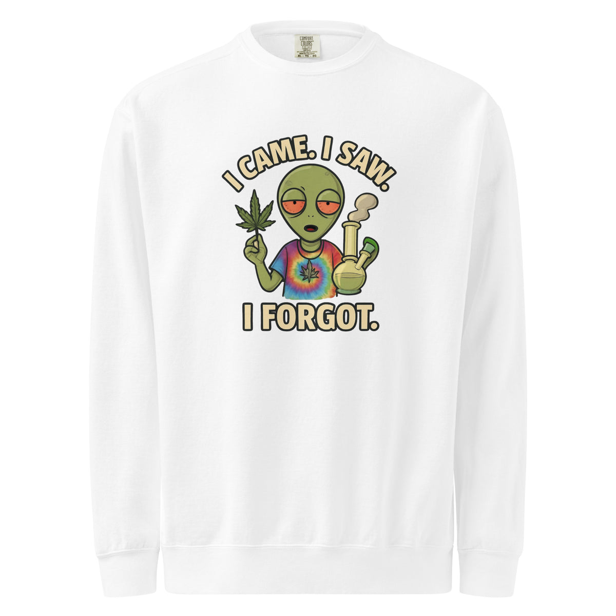 White long-sleeve shirt with an alien graphic and text on a white background