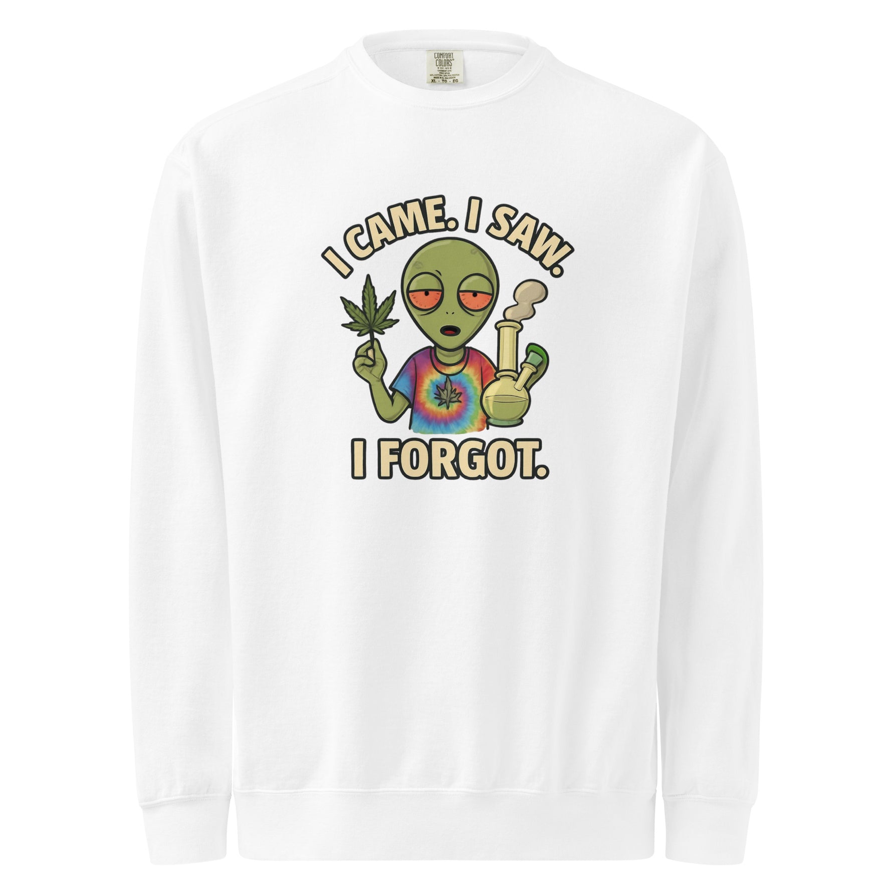 White long-sleeve shirt with an alien graphic and text on a white background