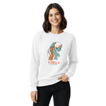 Woman wearing a white sweatshirt with a graphic design and text on a white background