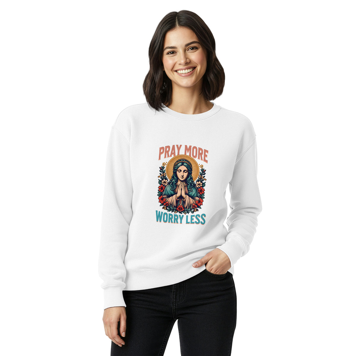 Vintage Style Religious Pray More Women's Graphic Sweatshirt