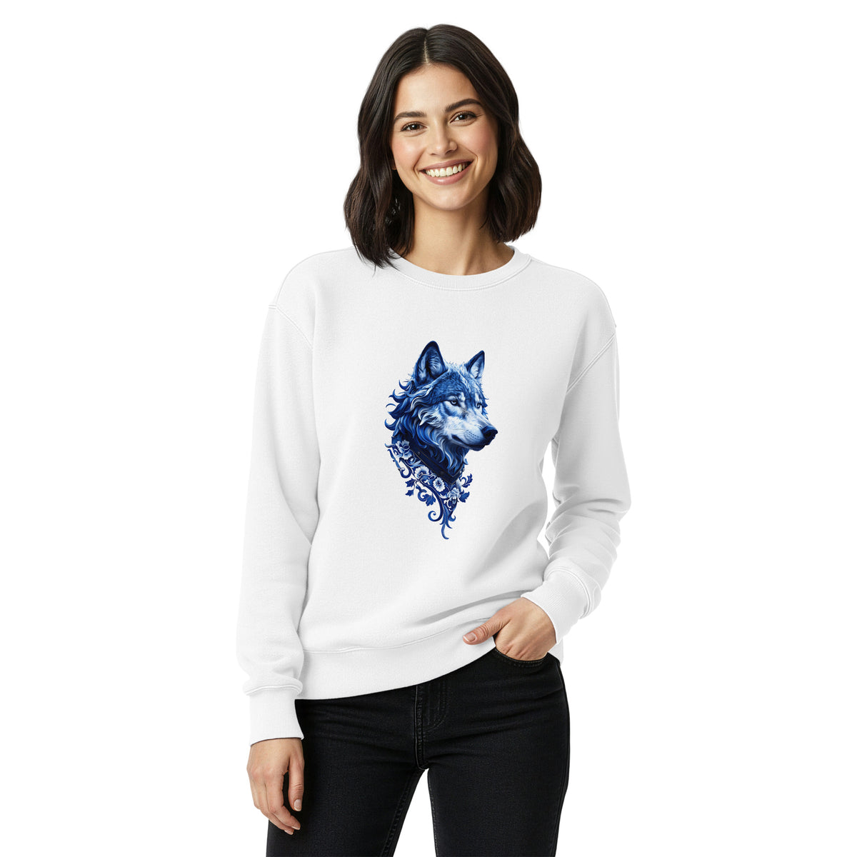 Woman wearing Comfort Colors white sweatshirt with a blue wolf design on a white background