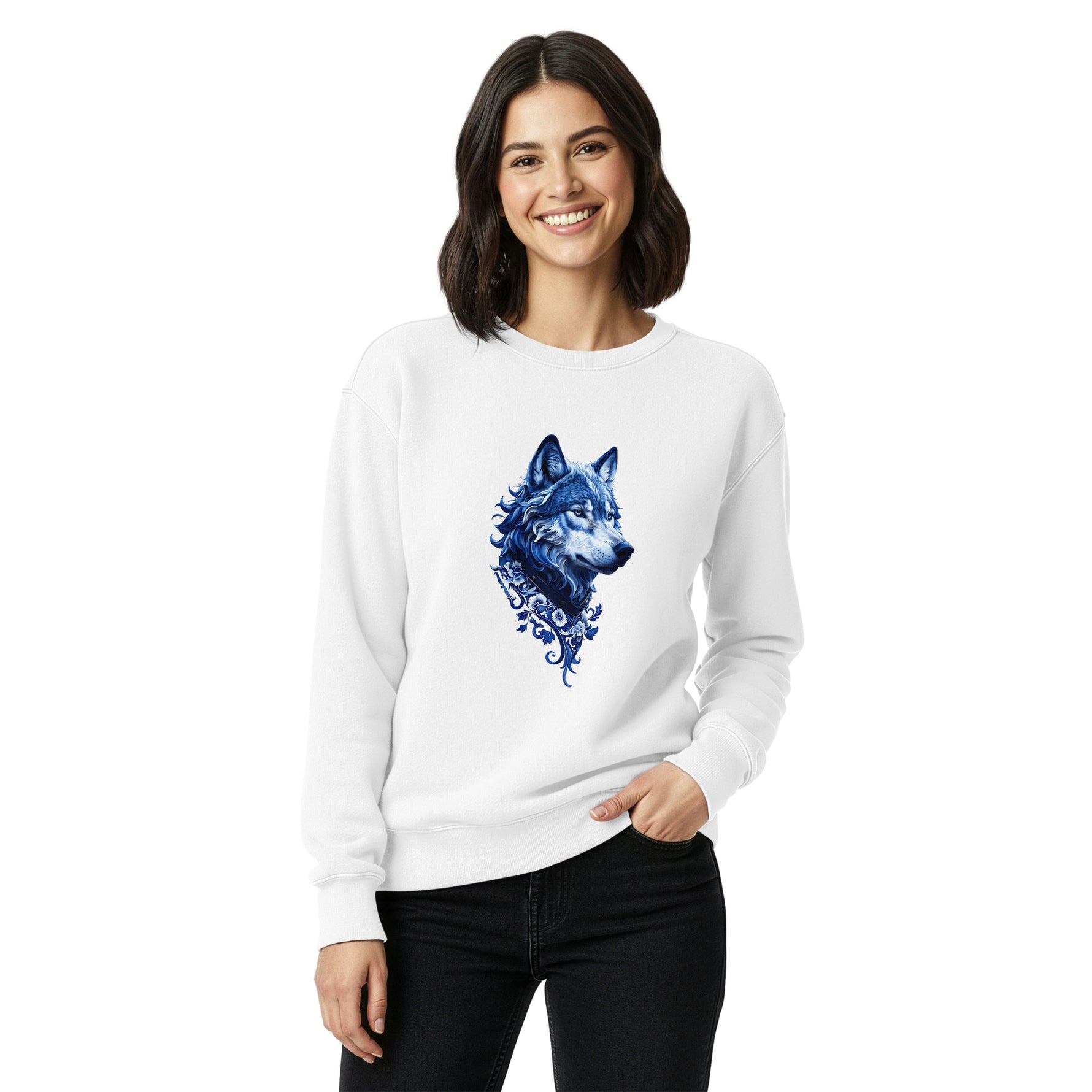 Woman wearing Comfort Colors white sweatshirt with a blue wolf design on a white background