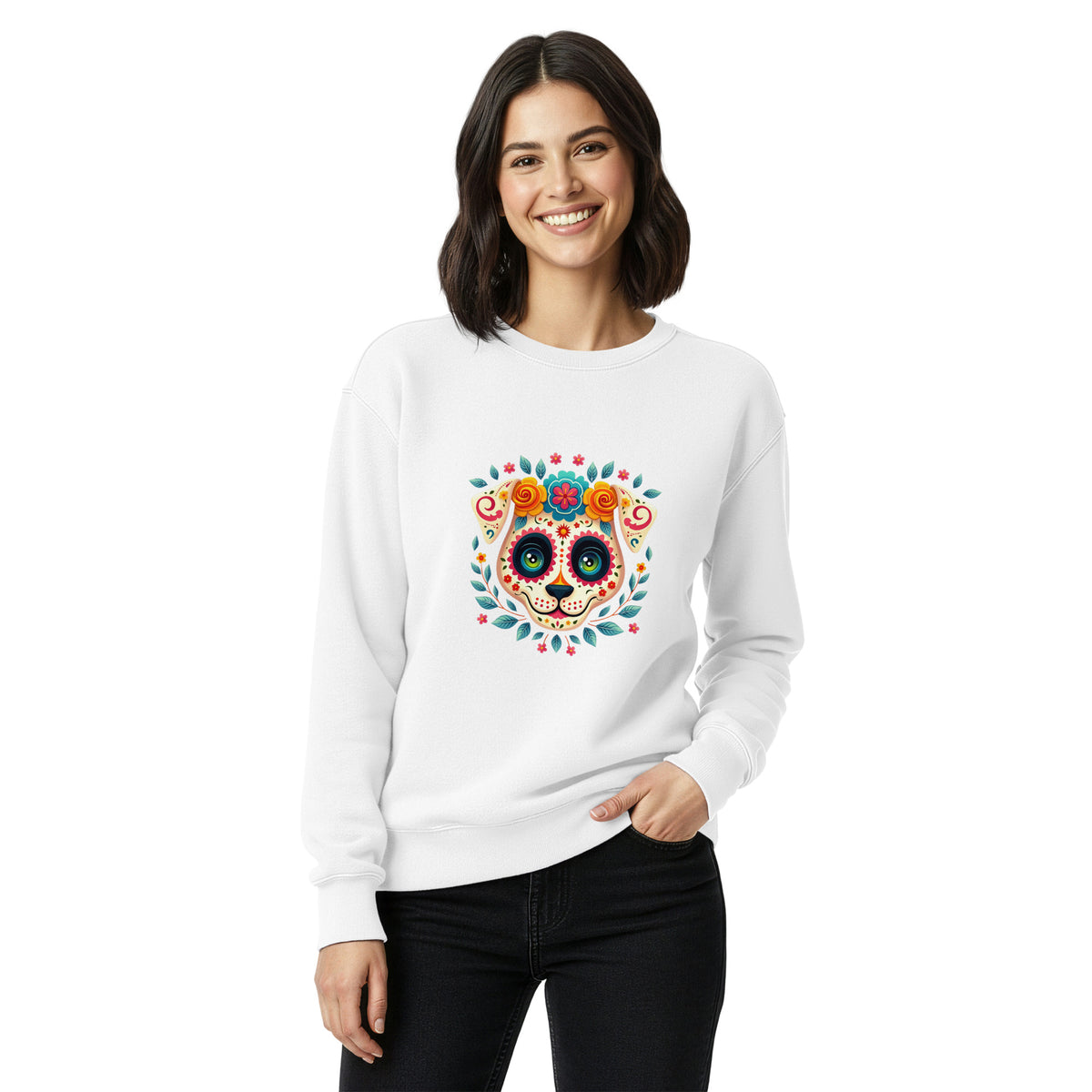 Sugar Skull Dog Sweatshirt For Woman