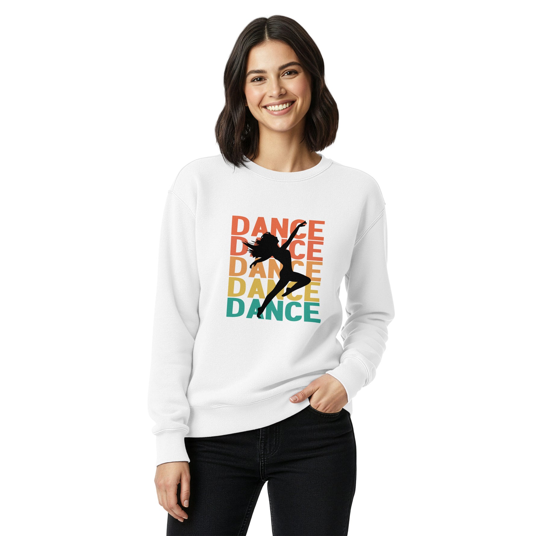 Woman wearing a white sweatshirt with 'DANCE' text and silhouette design on a white background