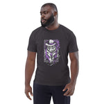 Man wearing a black t-shirt with a graphic design of a creature playing an electric guitar on a white background