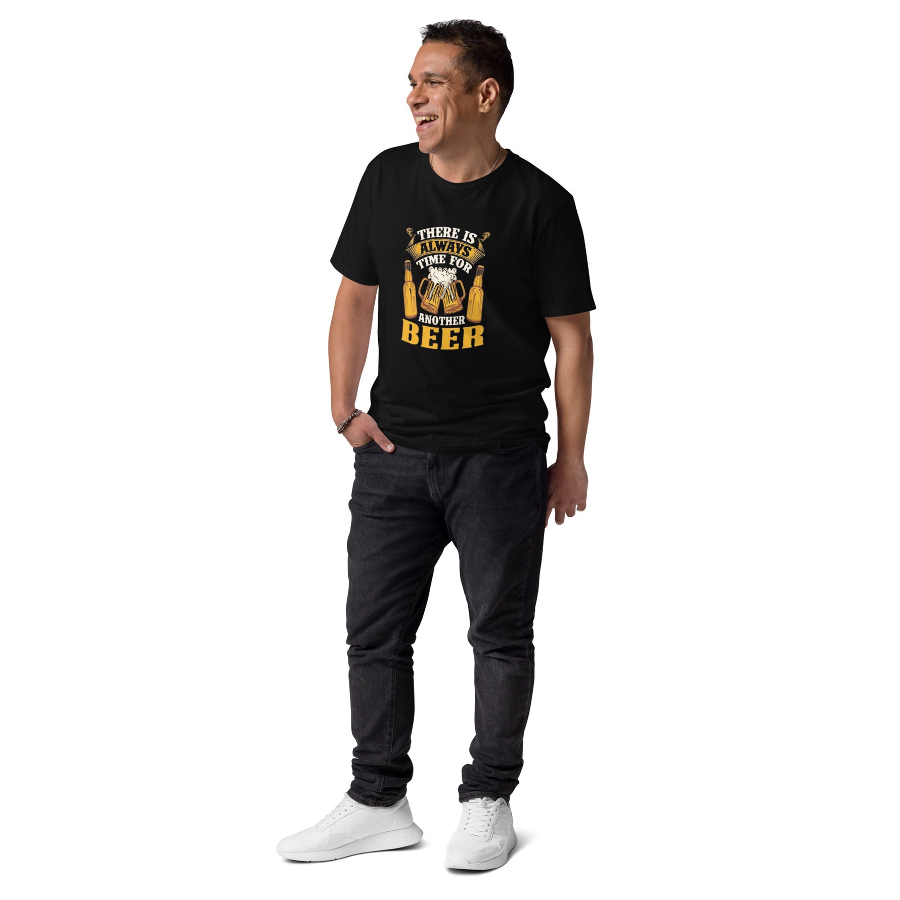 Man wearing a black t-shirt with a graphic and text, standing against a white background